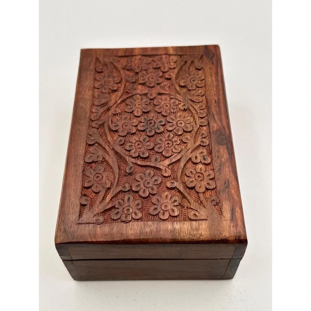 Vintage MCM Wooden Hand-Carved Hinged Lid Keepsake Box